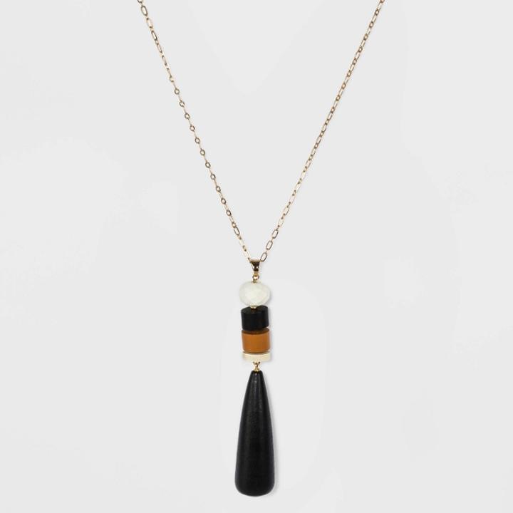 Mixed Wood Beaded Teardrop Pendant Necklace - A New Day Black