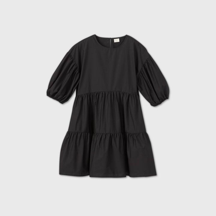 Women's Puff Short Sleeve Tiered Dress - A New Day Black