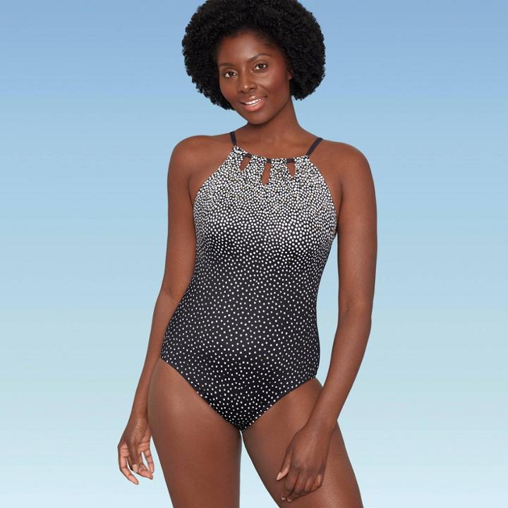 Women's Slimming Control High Neck Cut Out One Piece Swimsuit - Dreamsuit By Miracle Brands Dot Print