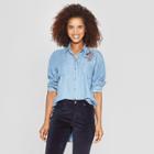 Women's Long Sleeve Embroidered Tie-front Button-down Shirt - Knox Rose Blue
