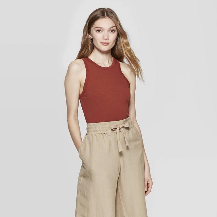 Women's Slim Fit Sleeveless Crewneck Rib Halter Tank - A New Day Brown