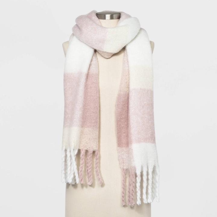 Women's Plaid Brushed Blanket Scarf - A New Day Smoked Pink One Size, Women's