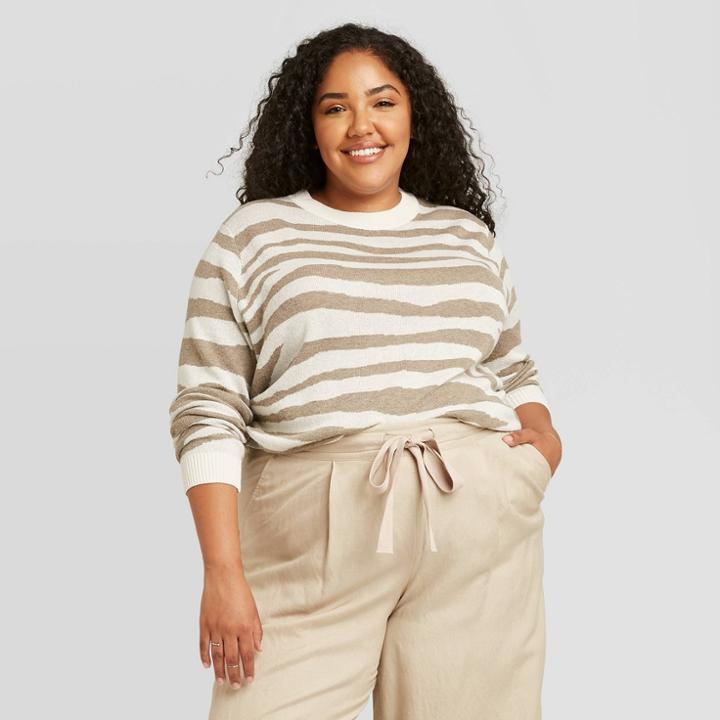Women's Plus Size Animal Print Crewneck Pullover Sweater - A New Day Cream