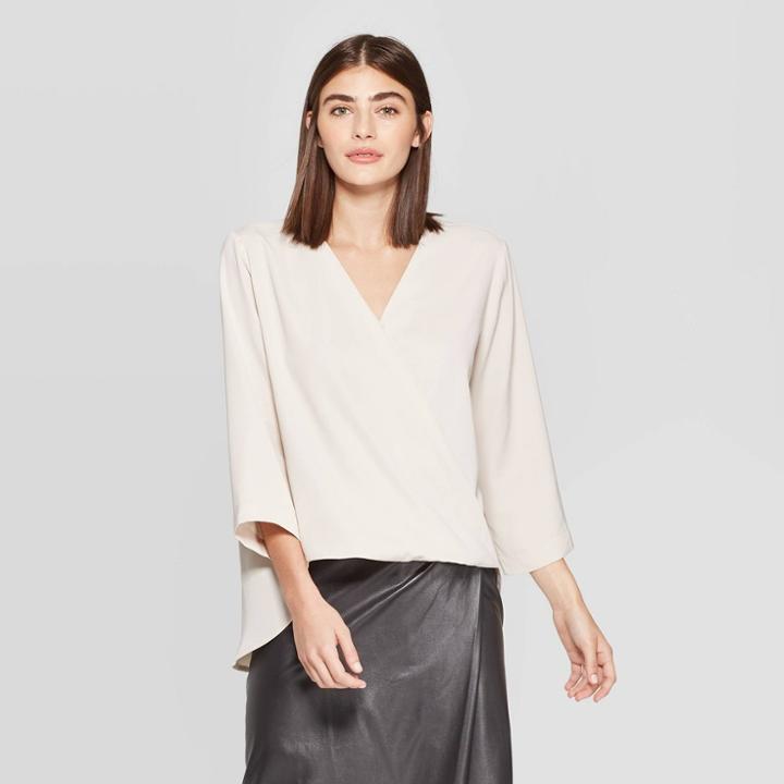 Women's 3/4 Sleeve V-neck Wrap Front Woven Button-down Shirt - Prologue Cream L, Size:
