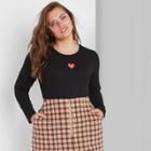 Women's Plus Size Long Sleeve Fitted V-neck T-shirt - Wild Fable Black With Heart Embroidery