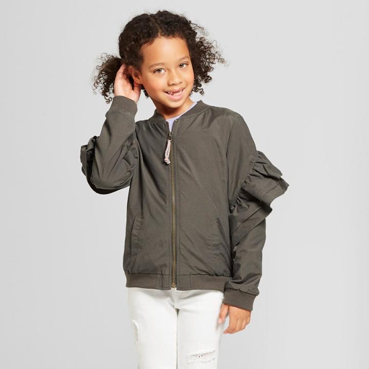 Girls' Ruffle Sleeve Bomber Jacket - Cat & Jack Olive