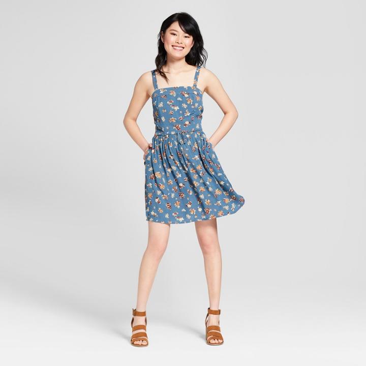 Women's Floral Print Strappy Apron Front Fit And Flare Sundress- Xhilaration Teal (blue)/mustard