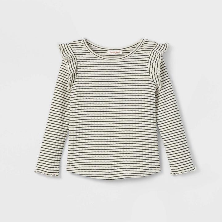 Toddler Girls' Striped Ruffle Ribbed Long Sleeve Top - Cat & Jack Black