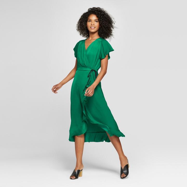 Women's Short Flutter Sleeve Wrap Midi Dress - Who What Wear Green