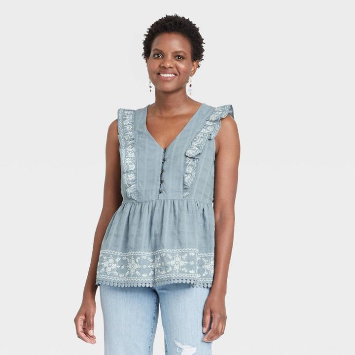 Women's Flutter Sleeveless Embroidered Blouse - Knox Rose