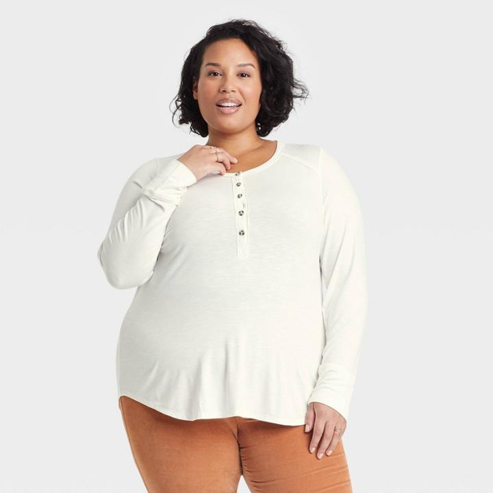 Women's Plus Size Long Sleeve Henley T-shirt - Knox Rose White