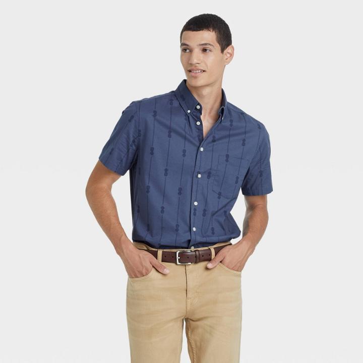 Men's Printed Standard Fit Stretch Poplin Short Sleeve Button-down Shirt - Goodfellow & Co Wild Blue