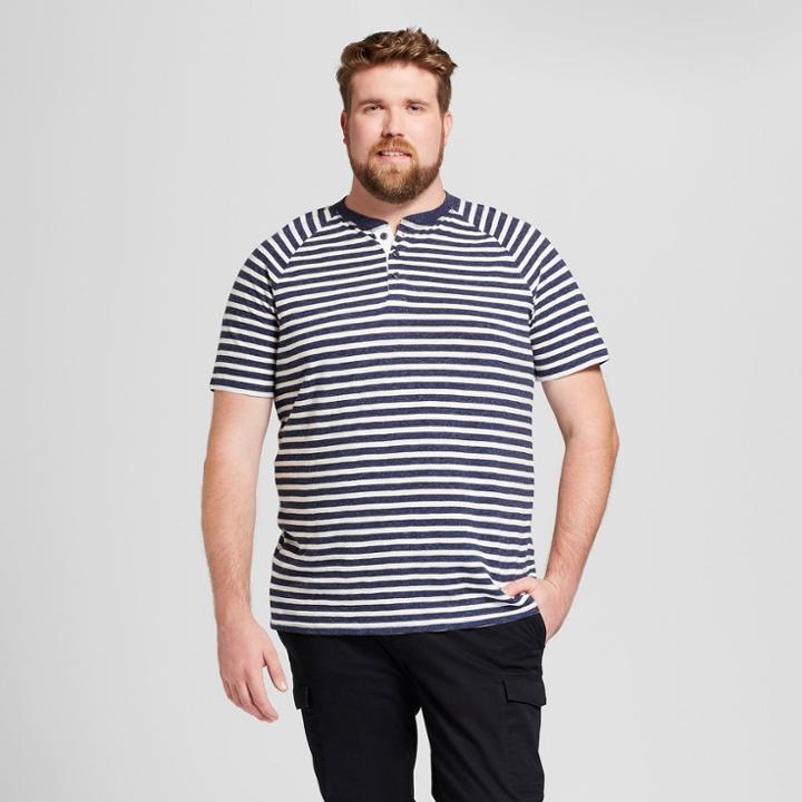 Men's Big & Tall Striped Standard Fit Short Sleeve Henley Shirt - Goodfellow & Co Navy