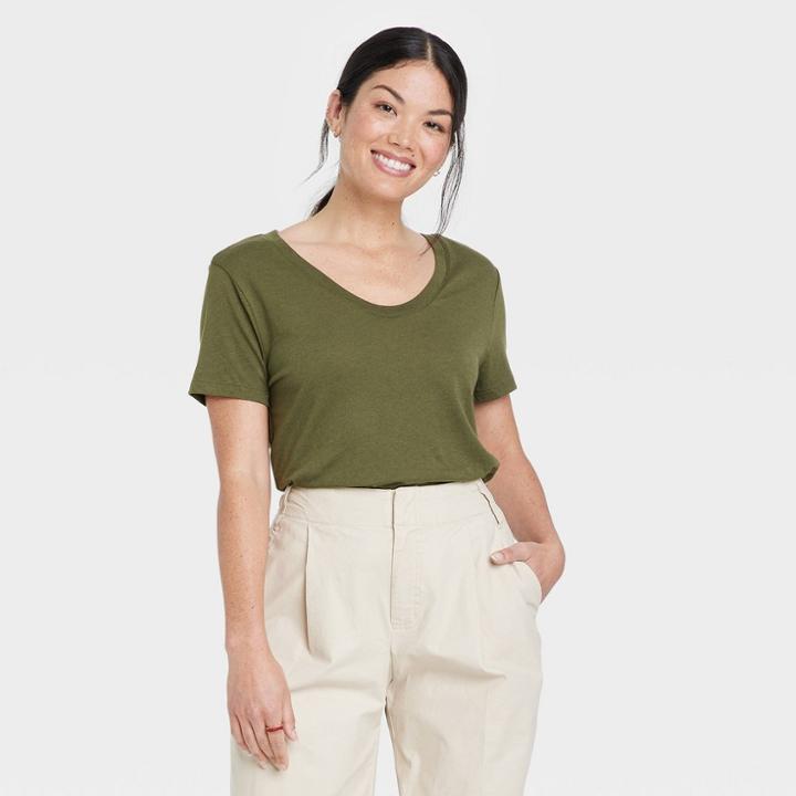 Women's Short Sleeve Scoop Neck T-shirt - A New Day Olive Green