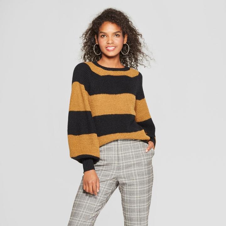 Women's Striped Long Sleeve Cozy Crew Neck Sweater - Who What Wear Black/brown L, Black/brown