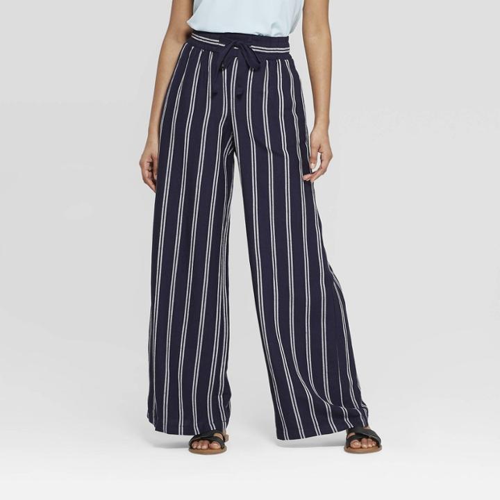 Women's Striped Regular Fit High-rise Wide Leg Linen Pants - A New Day Navy (blue)