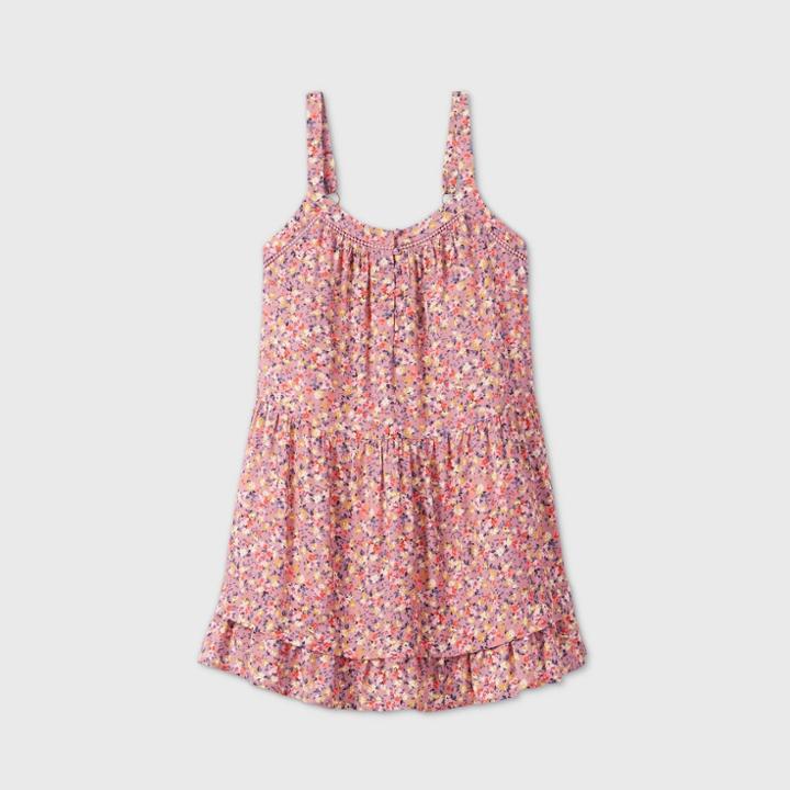 Women's Floral Print Button-front Tiered Trapeze Dress - Wild Fable Pink