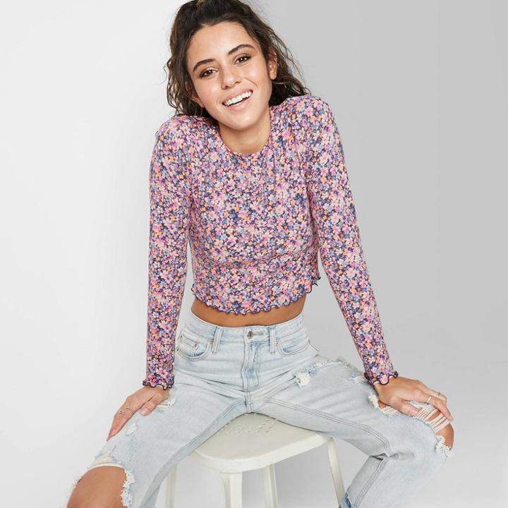 Women's Long Sleeve Fitted Rib-knit T-shirt - Wild Fable Purple Floral