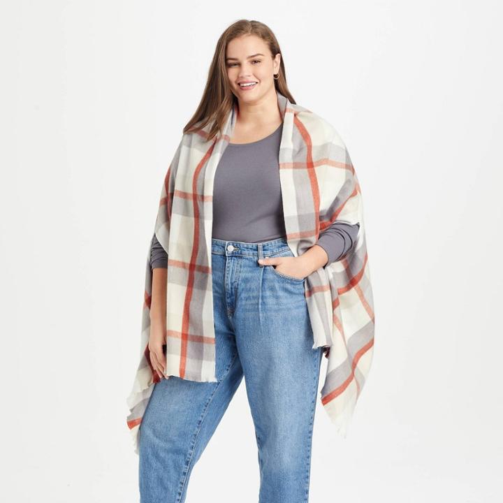 Women's Plus Size Plaid Wrap Jacket - A New Day Cream One Size, Ivory