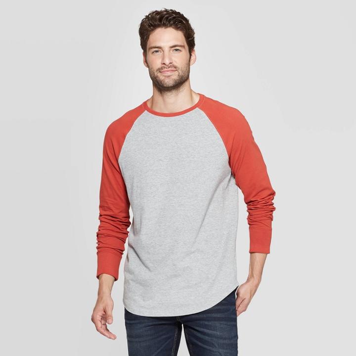 Men's Standard Fit Long Sleeve Baseball T-shirt - Goodfellow & Co Red L, Men's,