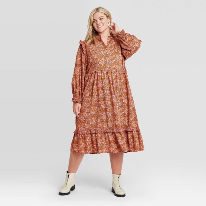 Women's Plus Size Floral Print Balloon Long Sleeve Ruffle Dress - Universal Thread Brown