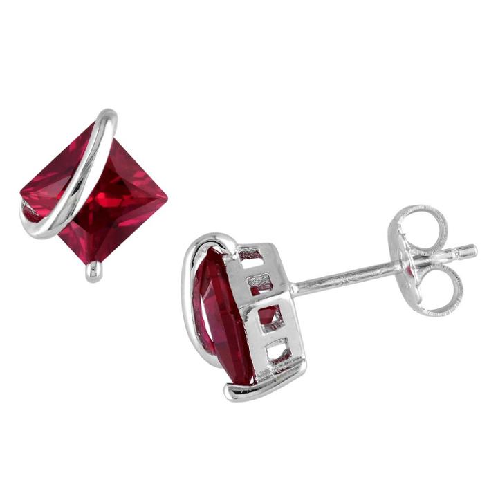 No Brand 2.3 Ct. T.w. Square Simulated Ruby Stud Earrings In Sterling Silver - White, Women's