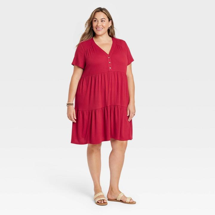 Women's Plus Size Flutter Short Sleeve Knit A-line Dress - Knox Rose Red