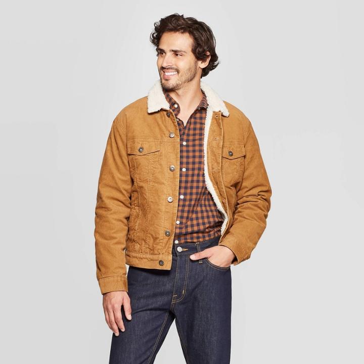 Men's Sherpa Lined Corduroy Trucker Jacket - Goodfellow & Co Tan S, Men's, Size: