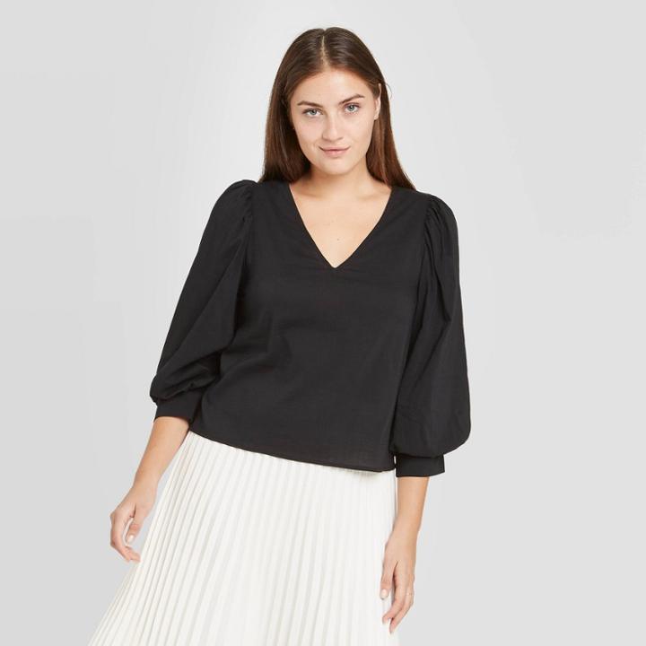 Women's Bishop Long Sleeve Top - A New Day Black