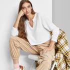 Women's Long Sleeve V-neck Waffle Boxy T-shirt - Wild Fable White