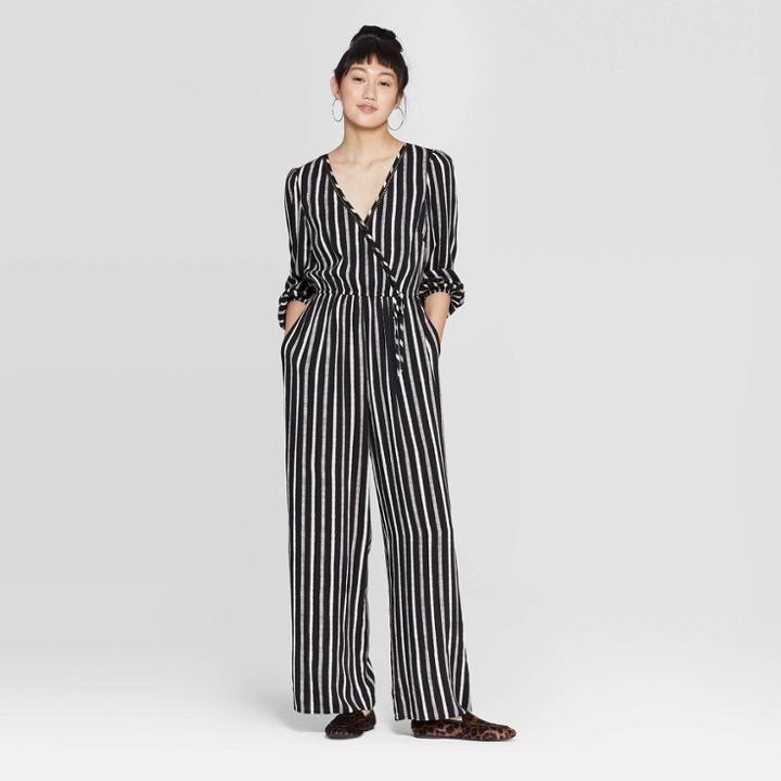 Women's Striped Long Sleeve Deep V-neck Wrap Jumpsuit - Xhilaration Black