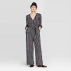 Women's Striped Long Sleeve Deep V-neck Wrap Jumpsuit - Xhilaration Black