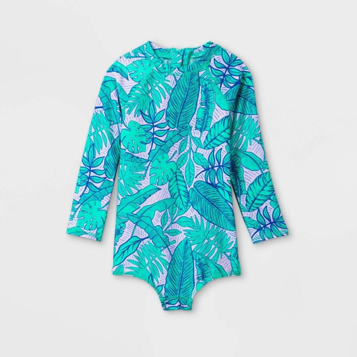 Toddler Girls' Leaf Print One Piece Rash Guard - Cat & Jack Blue/pink