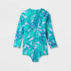 Toddler Girls' Leaf Print One Piece Rash Guard - Cat & Jack Blue/pink