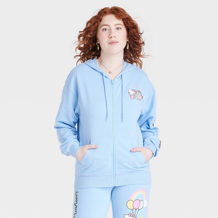 Sanrio Women's Hello Kitty And Pusheen Graphic Zip-up Sweatshirt - Blue