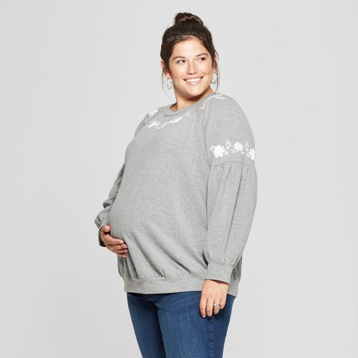 Maternity Plus Size Embroidered Sweatshirt - Isabel Maternity By Ingrid & Isabel Heather Gray