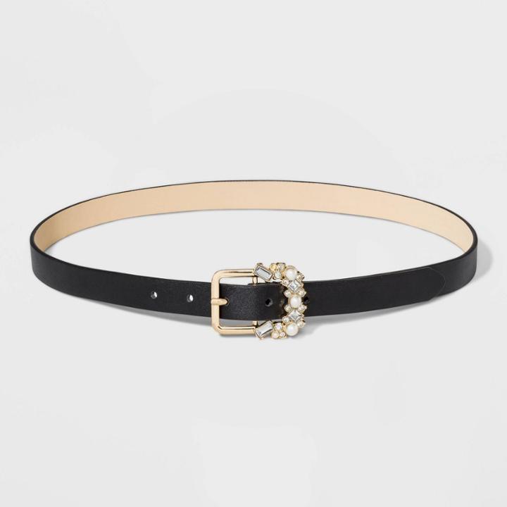 Women's Pearl And Rhinestone Buckle Belt - A New Day Black L, Women's,