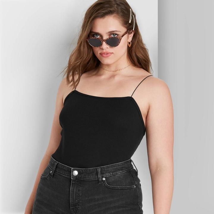 Women's Plus Size Square Neck Spaghetti Strap Bodysuit - Wild Fable Black