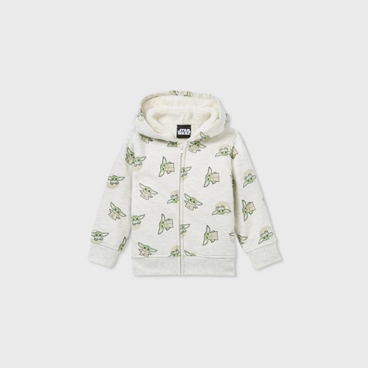 Toddler Boys' Star Wars Baby Yoda Sherpa Hooded Fleece Zip-up Sweatshirt - Oatmeal Gray