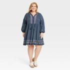 Women's Plus Size Balloon Long Sleeve Embroidered Dress - Knox Rose Blue