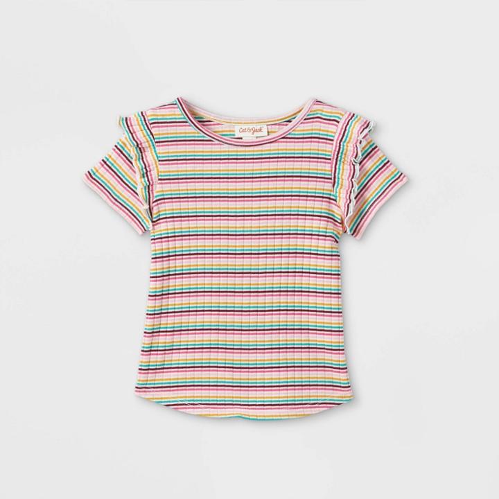 Toddler Girls' Rainbow Striped Rib Short Sleeve T-shirt - Cat & Jack