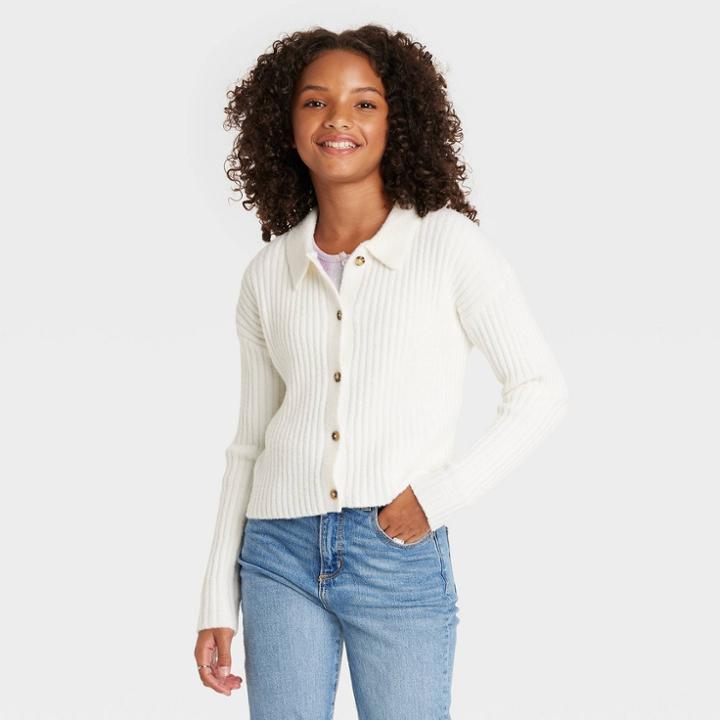 Girls' Fuzzy Collared Cardigan Sweater - Art Class Cream