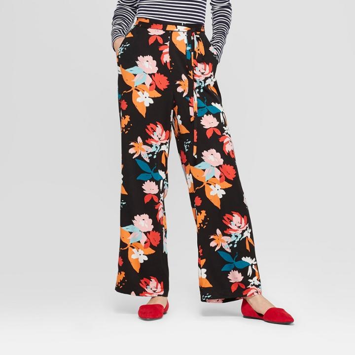 Women's Floral Print Wide Leg Pants - A New Day Black/coral