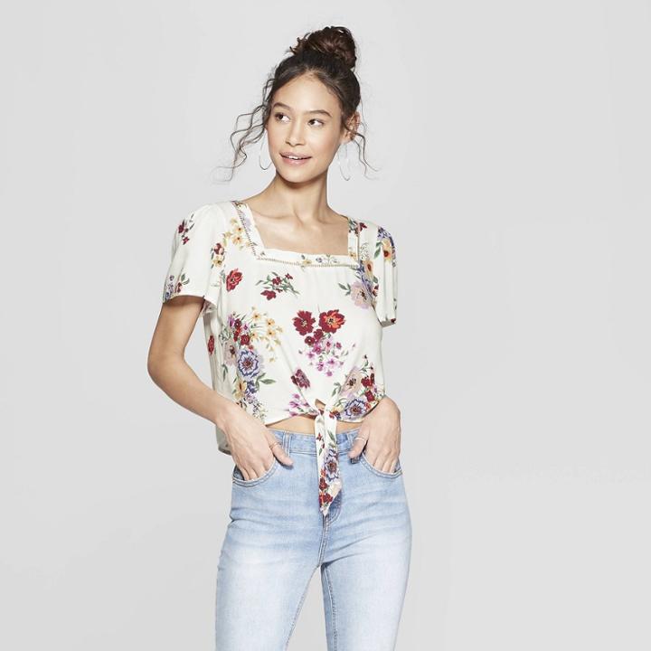 Women's Floral Print Short Sleeve Square Neck Tie Front Top - Xhilaration Ivory