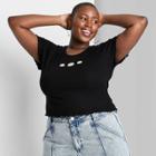Women's Plus Size Short Sleeve Lettuce Edge Baby T-shirt - Wild Fable Black