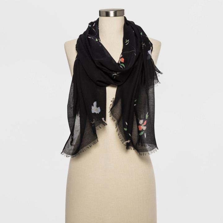 Women's Floral Grounded Oblong Scarf - A New Day Black, Blue