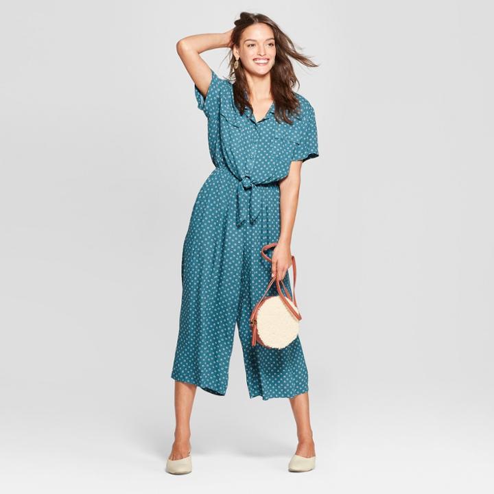 Women's Tie Front Jumpsuit - Universal Thread Green Print