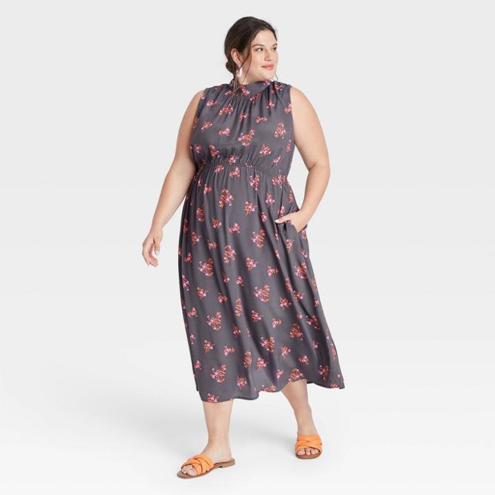 Women's Plus Size Sleeveless Cinched Waist Dress - A New Day Navy 1x, Blue Floral