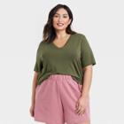 Women's Plus Size Short Sleeve V-neck Drapey T-shirt - A New Day Olive Green