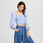 Women's Striped Square Neck Long Sleeve Smocked Cropped Top - Xhilaration Blue